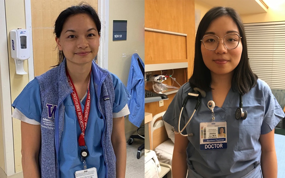 caption: Dr. Sandra Truong, left, is an emergency medicine resident working at Harborview and the UW Medical Center. Dr. Jessica Lu, right, is a family medicine resident at UW Northgate. They started an Instagram page to connect with other healthcare providers during Covid-19.
