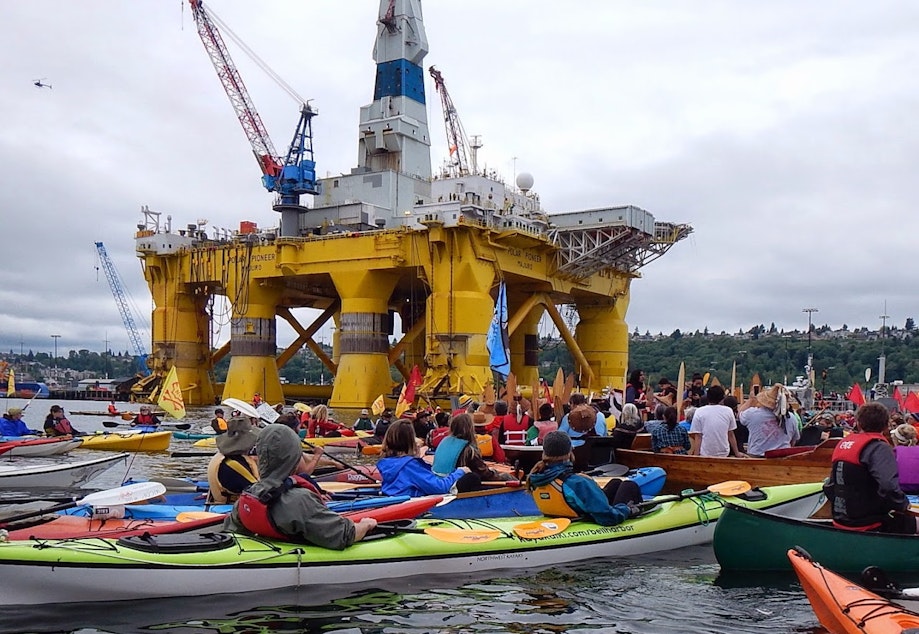 caption: Shell's Polar Pioneer was greeted by dozens of protesting kayakers when it arrived in Seattle this spring.