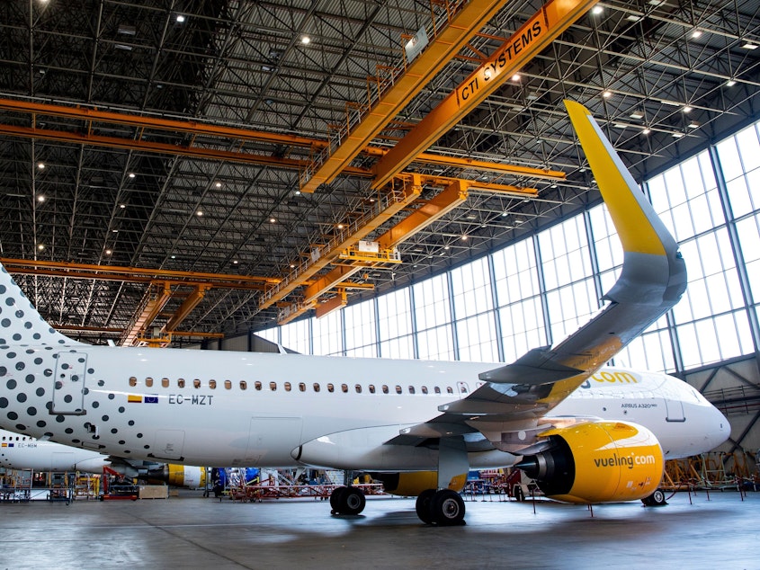 caption: A new Airbus A320neo aircraft is presented by the Spanish airline Vueling at Barcelona's airport on Sept. 27, 2018. The Trump administration is preparing to slap tariffs on imports from Europe, citing subsidies of Airbus jets.