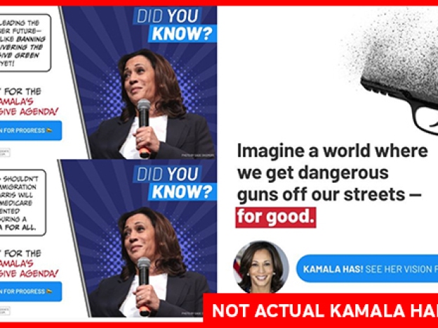 caption: Three images posted by the group Progress 28 on Facebook claiming to be ads for Kamala Harris, but misrepresenting her current<strong> </strong>positions.
