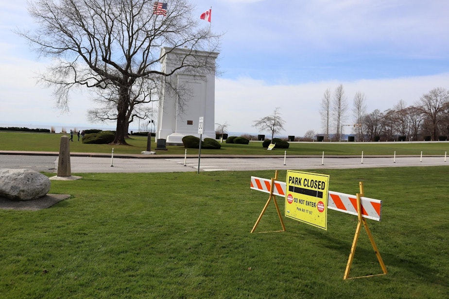 caption: The British Columbia side of Peace Arch Park remains closed, but Canadians can still access the U.S. side from an adjacent city street.