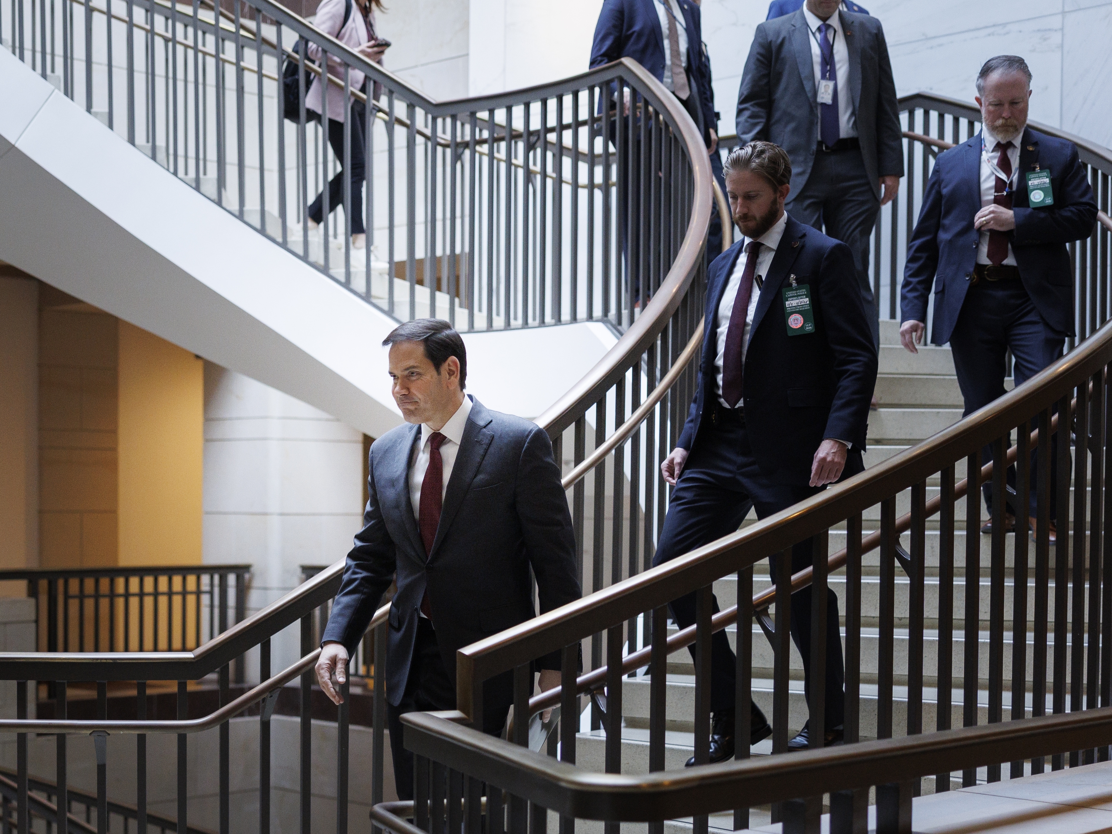 caption: Secretary of State Marco Rubio arrives for a secure briefing with lawmakers and Defense Secretary Pete Hegseth on November 5, 2025 on Capitol Hill in Washington, DC.