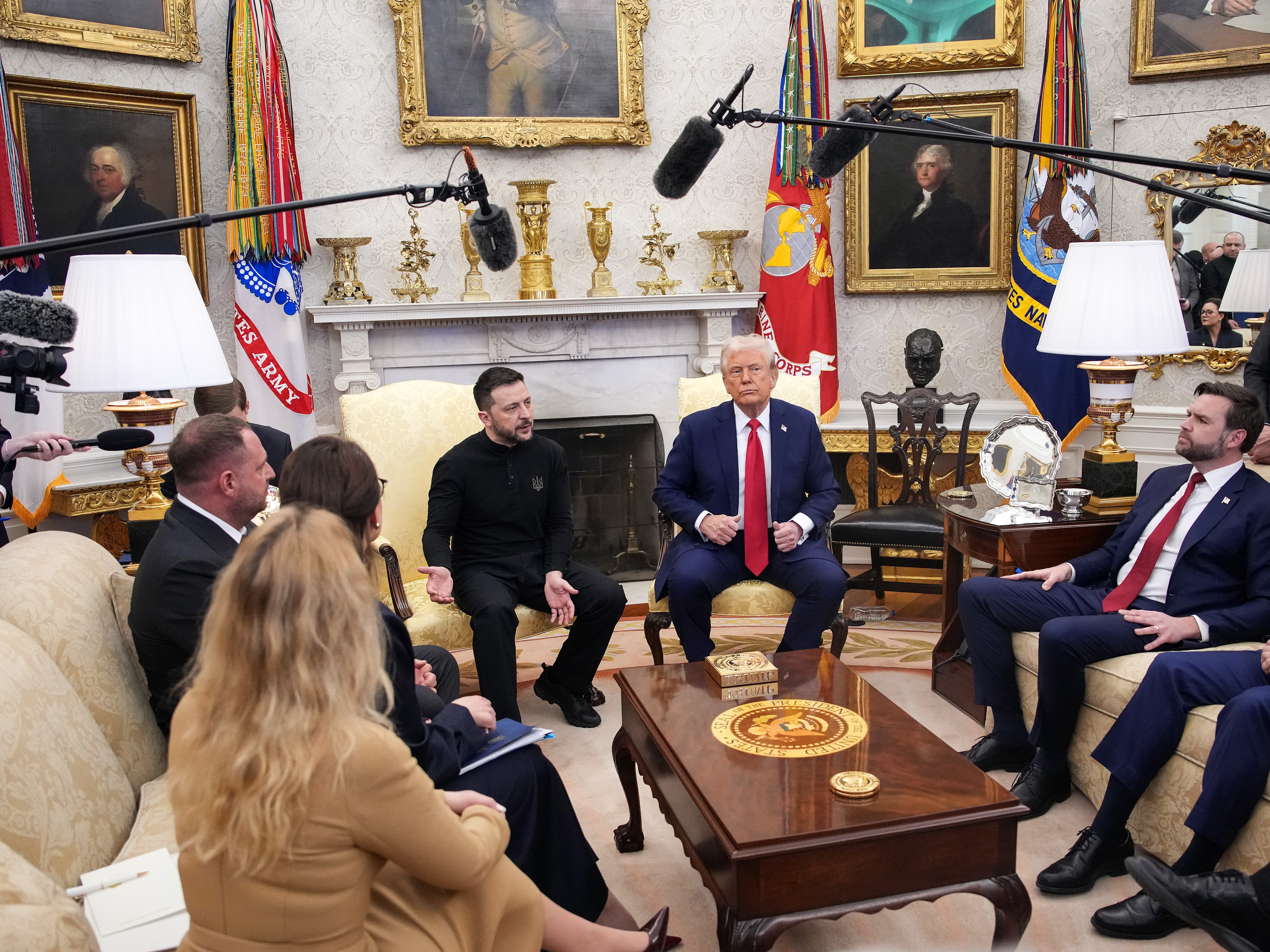 caption: President Trump and Vice President Vance meet with Ukrainian President Volodymyr Zelenskyy in the Oval Office at the White House on Feb. 28. Researchers are testing AI's potential for coming up with agreements to end the war in Ukraine.