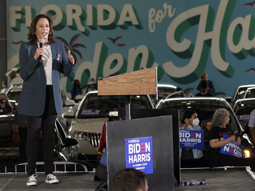caption: Vice President Kamala Harris, then the Democratic vice presidential candidate, speaks to supporters at a campaign event in October in Orlando, Fla.