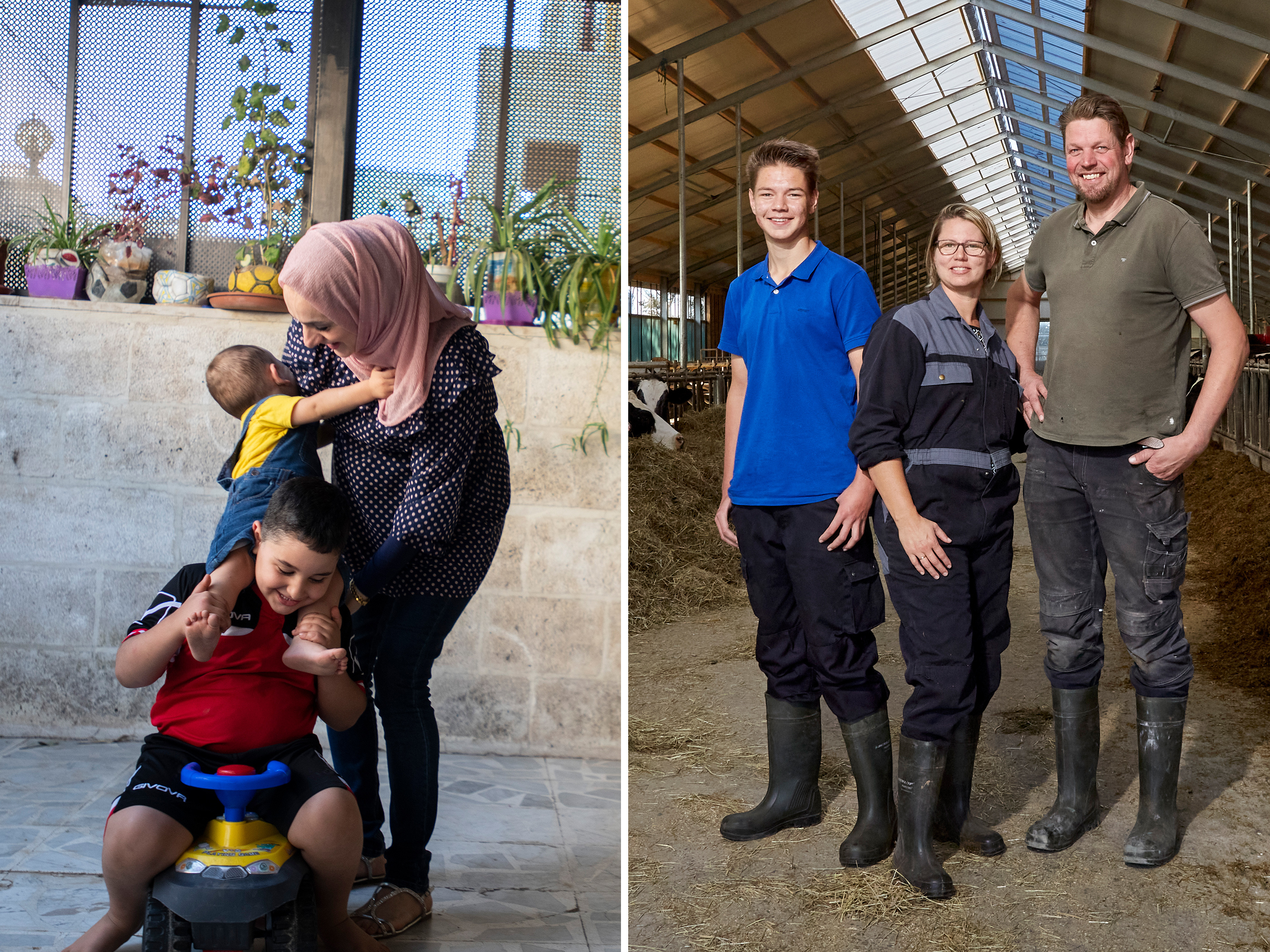 caption: From left: Sawsan al-Ramemi of Amman, Jordan, is a mom of two — and expecting her third child. Her husband is working in the U.S. Nienke Pastoor of the Netherlands has been juggling her job as a dairy farmer and helping her four teenagers with their online schoolwork. Jessica Barrera of Eau Claire, Wis., is finding ways to spread joy with her son, Niko, who's a virtual student these days.