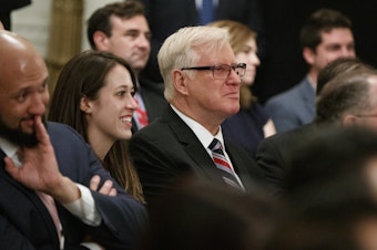caption: Jim Hoft, owner of the Gateway Pundit, at the White House in 2019. The website has been hit with defamation lawsuits related to 2020 election fraud conspiracy theories it is accused of spreading.