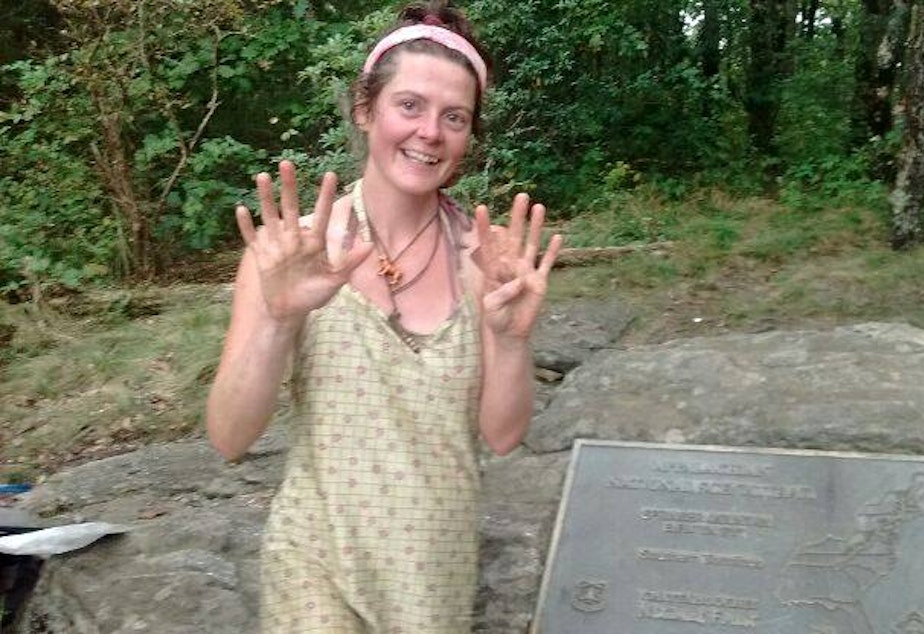 caption: Heather Anderson, trail name Anish, posted this picture of herself after beating the Appalachian Trail unsupported record.