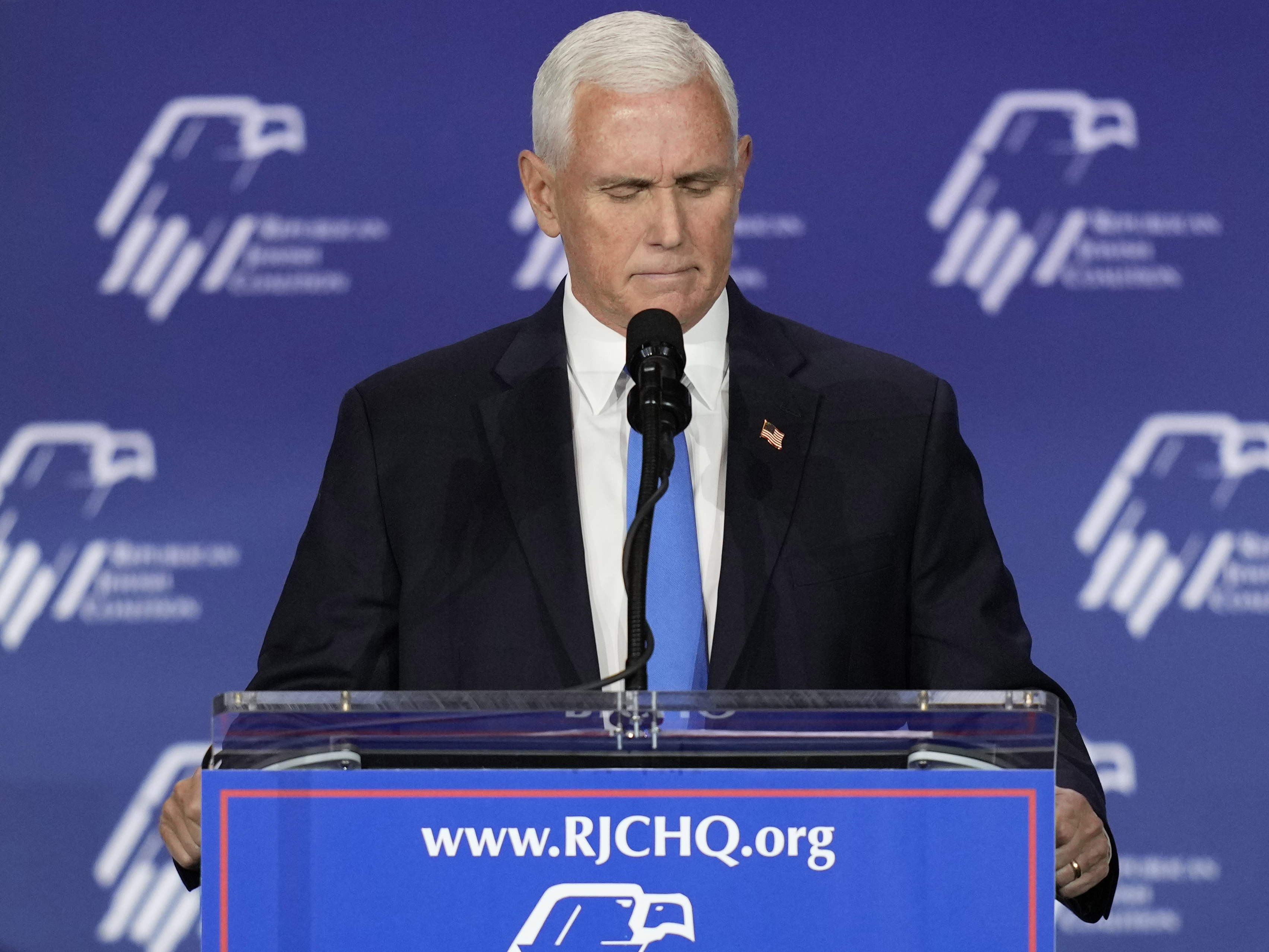 caption: Former Vice President Mike Pence speaks at an annual leadership meeting of the Republican Jewish Coalition, Saturday, Oct. 28, 2023, in Las Vegas. Pence is dropping his bid for the Republican presidential nomination.