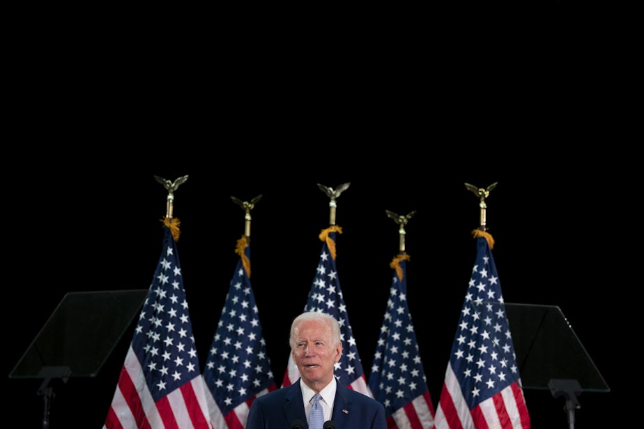 caption: Presumptive Democratic presidential nominee and former Vice President Joe Biden speaks at Delaware State Universitys student center in Dover, Delaware, on June 5, 2020. (JIM WATSON/AFP via Getty Images)