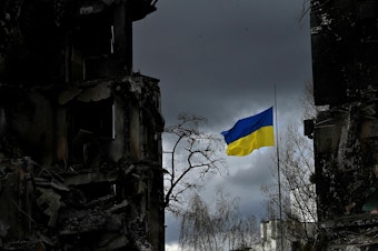 caption: The Ukrainian flag flutters between buildings destroyed in bombardment in the Ukrainian town of Borodianka. It was one year ago last week that Russia invaded.
