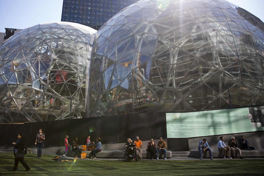 caption: Amazon's biospheres are shown during Amazon's bring your parents to work day on Friday, September 15, 2017, in Seattle. 