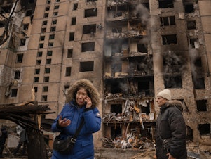 caption: Iryna Karetnykova and her partner Viktor Tyschenko were in the building when it was struck by a Russian missile in Kyiv, Ukraine, on Tuesday.