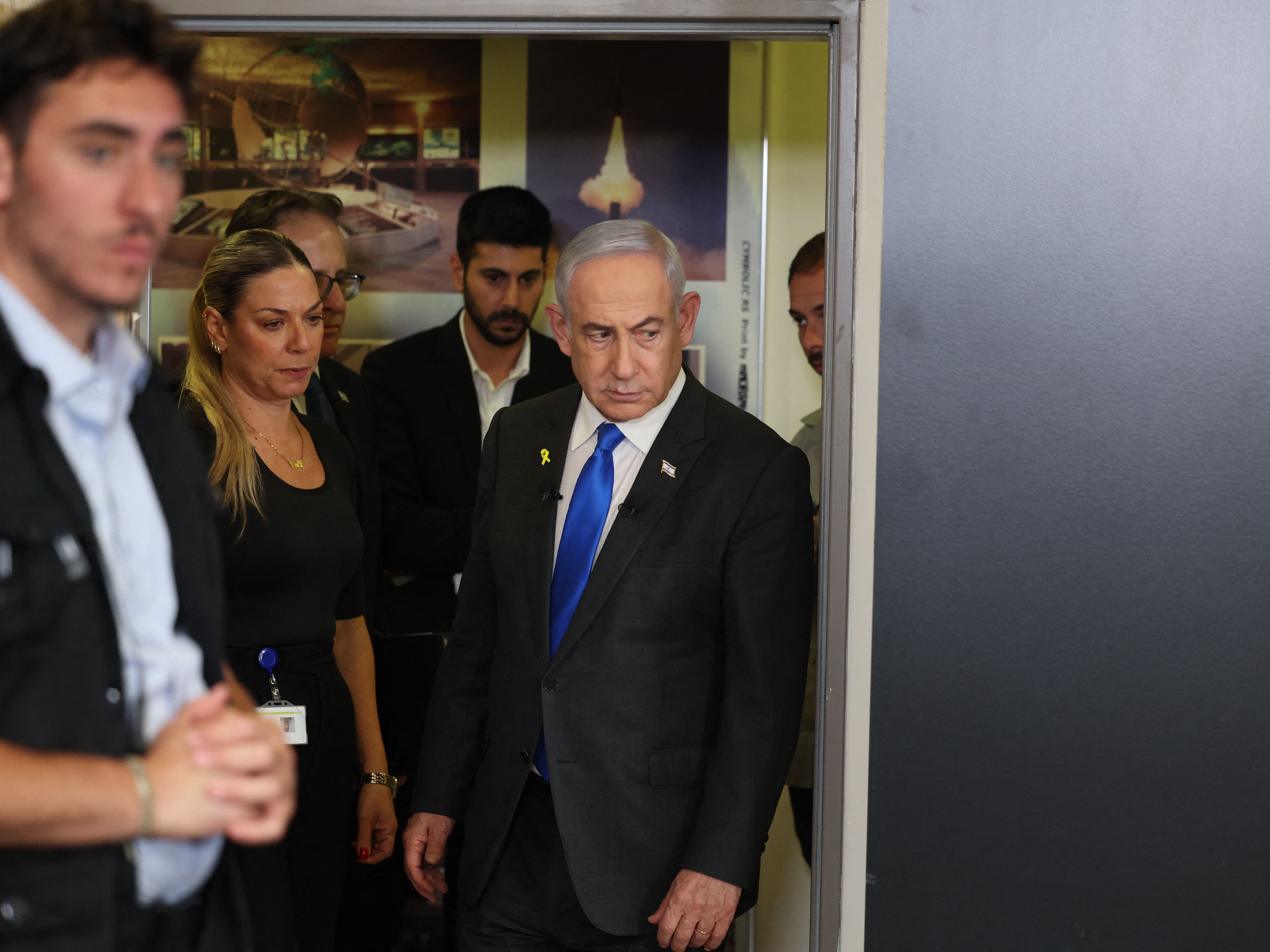 caption: Israeli Prime Minister Benjamin Netanyahu arrives at the Government Press Office in Jerusalem to give a press conference on Sept. 4.