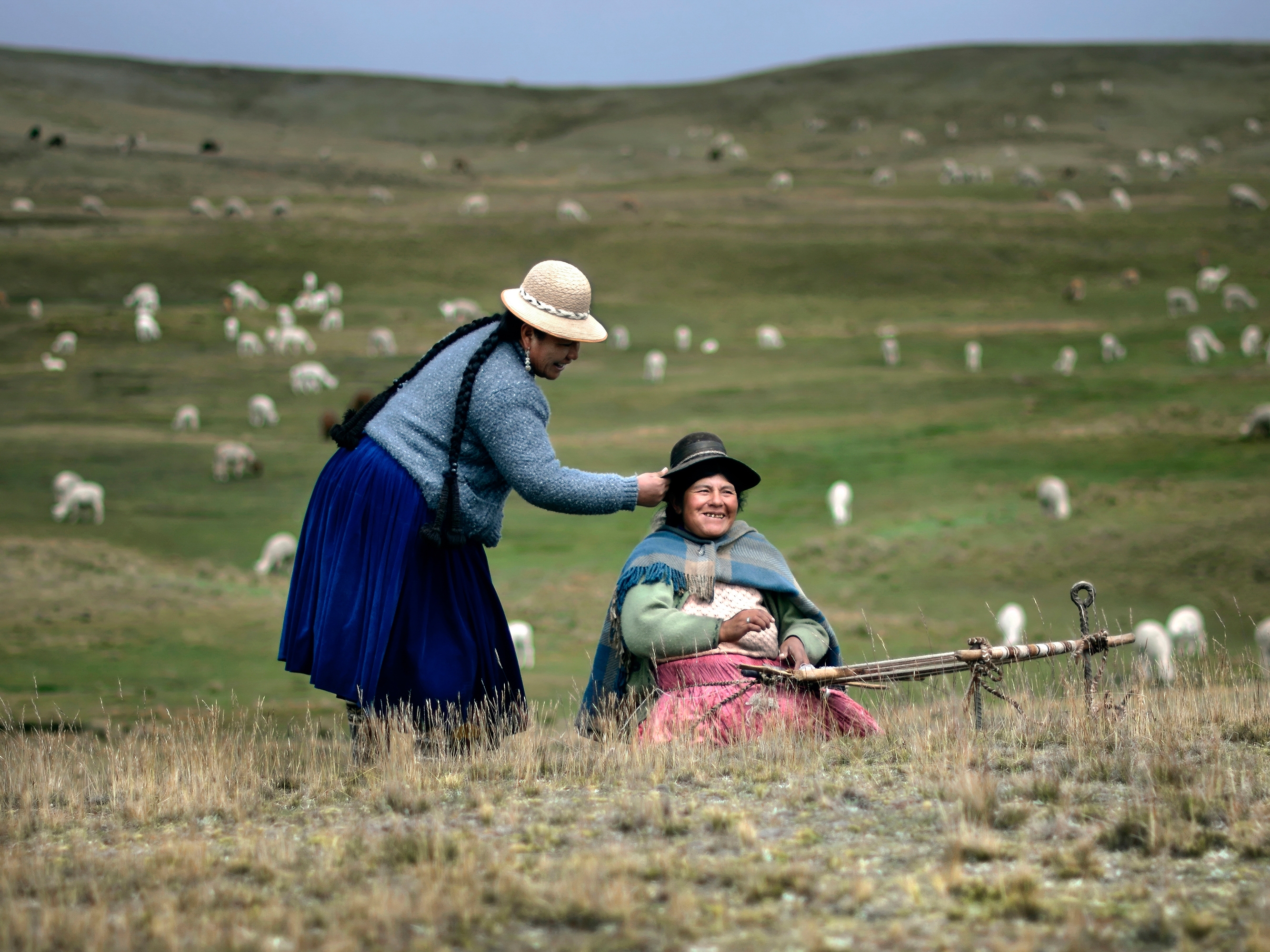 caption: The smallest gesture can be imbued with kindness. In Puno, Peru, Maria adjusts her friend Rosa's hat, which nearly flew off while she was busy weaving a sweater. Rosa responded: "Thank you for catching it before the wind carried it away, or I would have had to run down the mountain after it!"