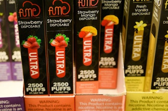 caption: Nearly two years after the FDA issued a policy denouncing the marketing of fruit-flavored vape juice and other vape products to young people, the products are still widely available in stores. But experts hope that could be about to change.