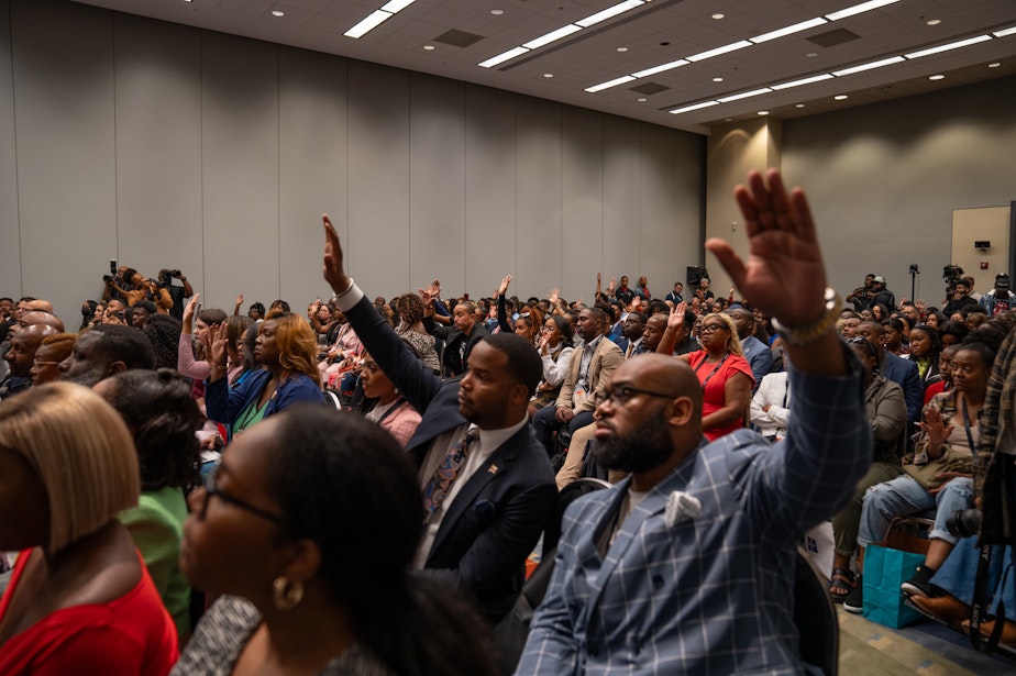 caption: Attendees at a gun violence prevention panel at the Congressional Black Caucus' annual legislative conference in 2023.