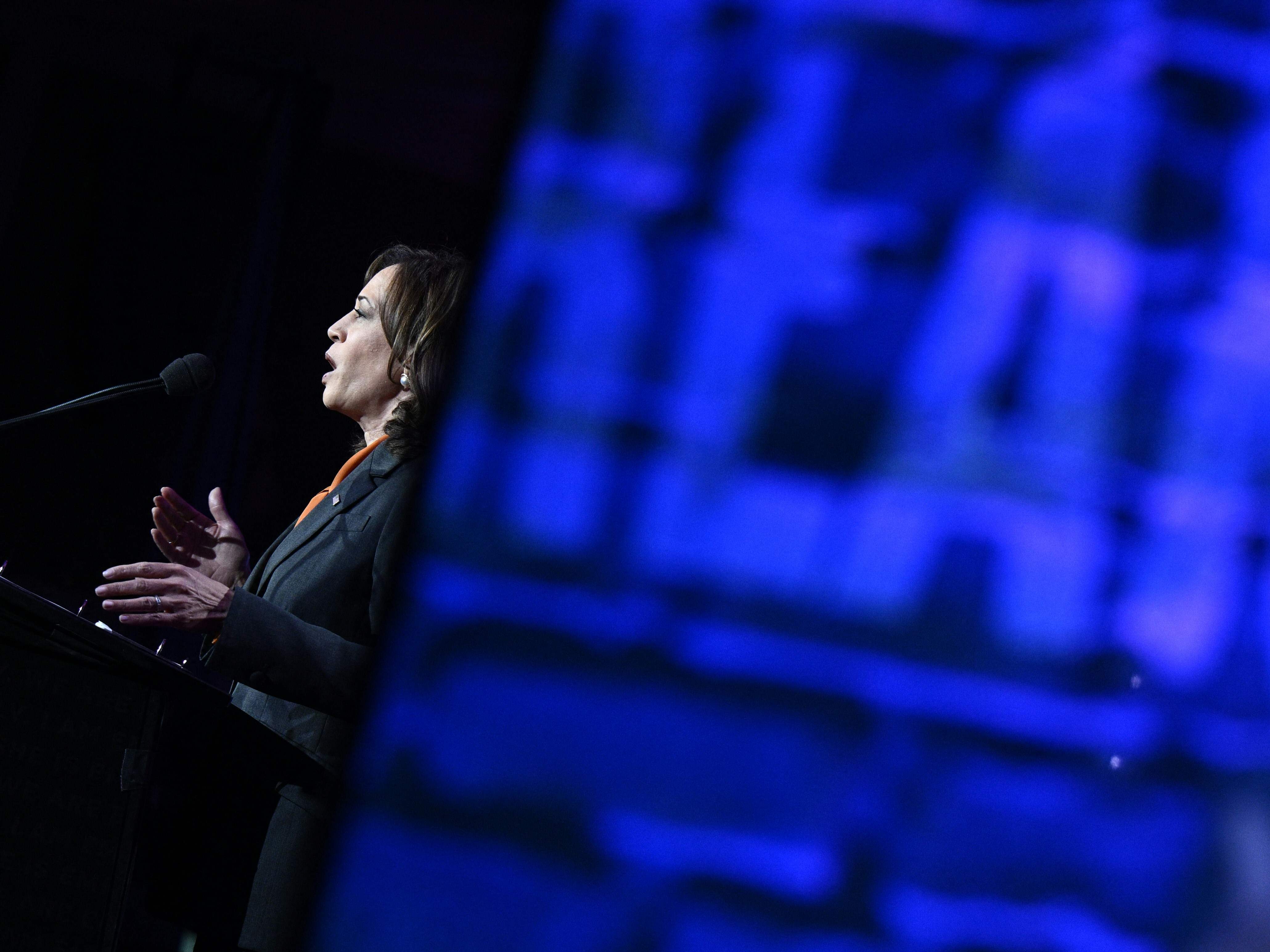 caption: US Vice President Kamala Harris speaks at the Emilys List National Conference and Gala in Washington, DC on May 3, 2022.