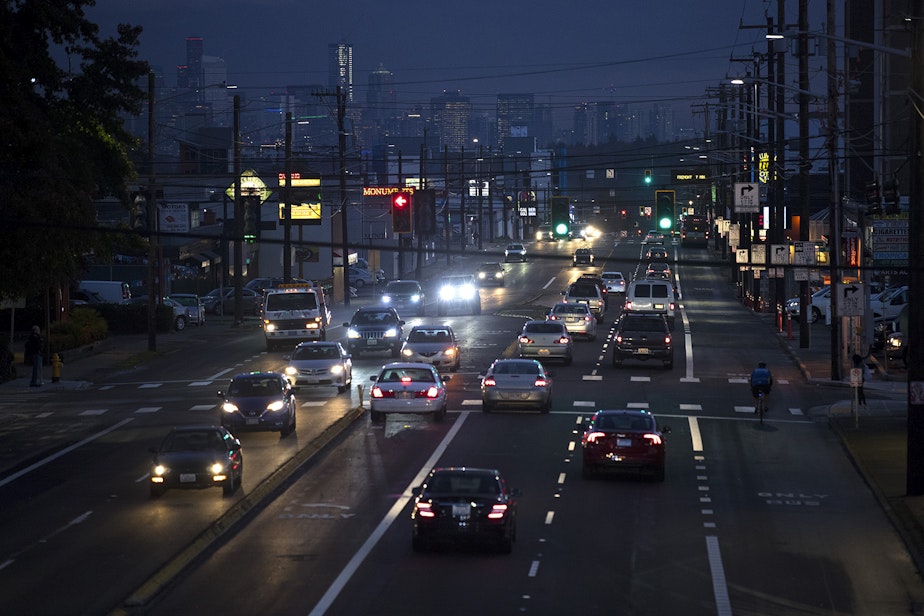 caption: Rush hour traffic is shown on Friday, October 25, 2019, along Aurora Avenue North in Seattle.