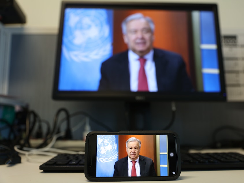 caption: U.N. Secretary-General António Guterres speaking at a virtual news briefing at United Nations headquarters in New York last week. Guterres said Sunday that measures to stop domestic violence should be part of national responses to the COVID-19 pandemic.