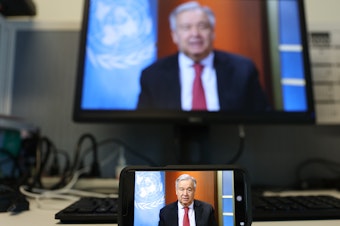 caption: U.N. Secretary-General António Guterres speaking at a virtual news briefing at United Nations headquarters in New York last week. Guterres said Sunday that measures to stop domestic violence should be part of national responses to the COVID-19 pandemic.