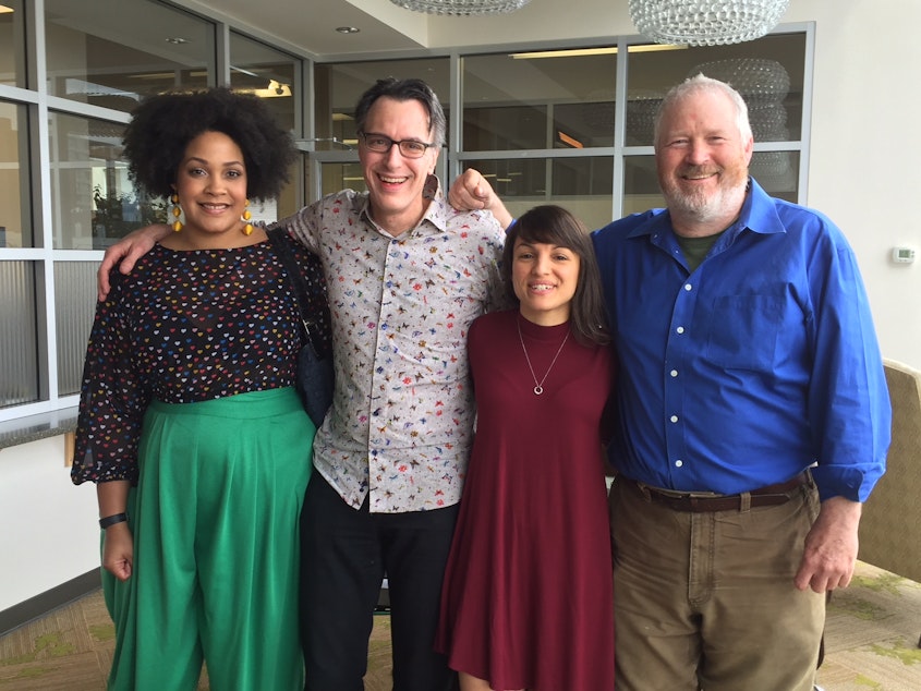 caption: L-R: Ijeoma Oluo, Bill Radke, Monica Guzman, Mike McGinn