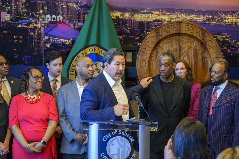 caption: Seattle Mayor Bruce Harrell announces a 24-member workgroup June, 12, 2023. The group is tasked with developing a local ordinance that will align Seattle municipal code with Washington state's new drug possession law. 