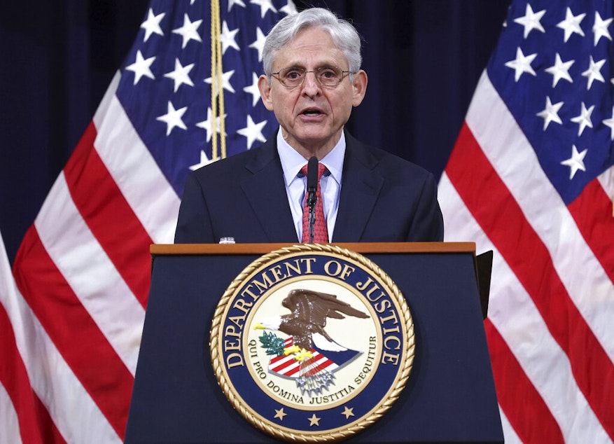 caption: Attorney General Merrick Garland speaks at the Justice Department in Washington, on Tuesday, June 15, 2021. (Win McNamee/Pool via AP)