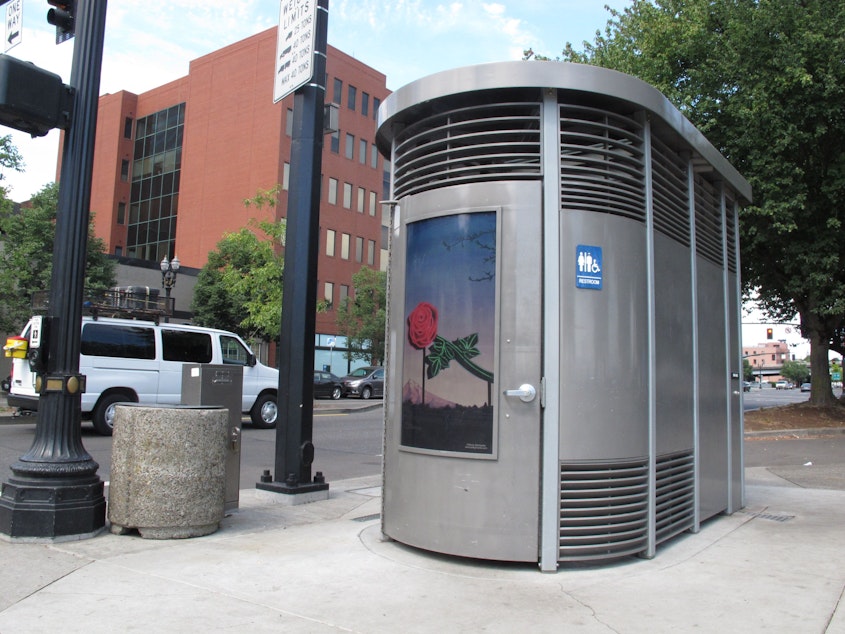 caption: This photo taken Wednesday, Aug. 21, 2013 in Portland, Ore., shows the Portland Loo, a distinctive public restroom designed to deter vandalism and misuse.