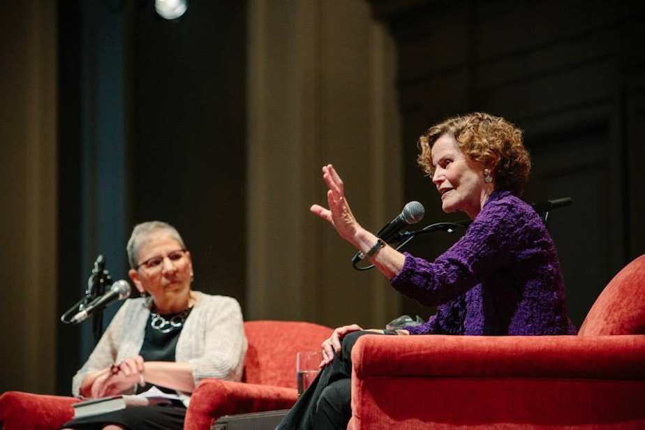 caption: Judy Blume (right) speaks with Nancy Pearl at Town Hall Seattle in June 2015.