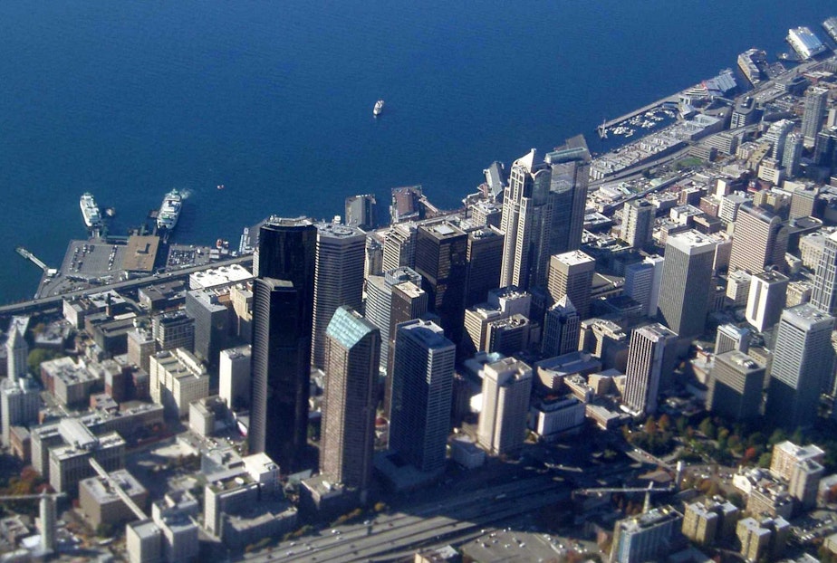 caption: Skyscrapers in downtown Seattle and other Northwest city centers could sway more than anticipated in The Big One, according to research presented this week.CREDIT: TOM BANSE / NW NEWS NETWORK