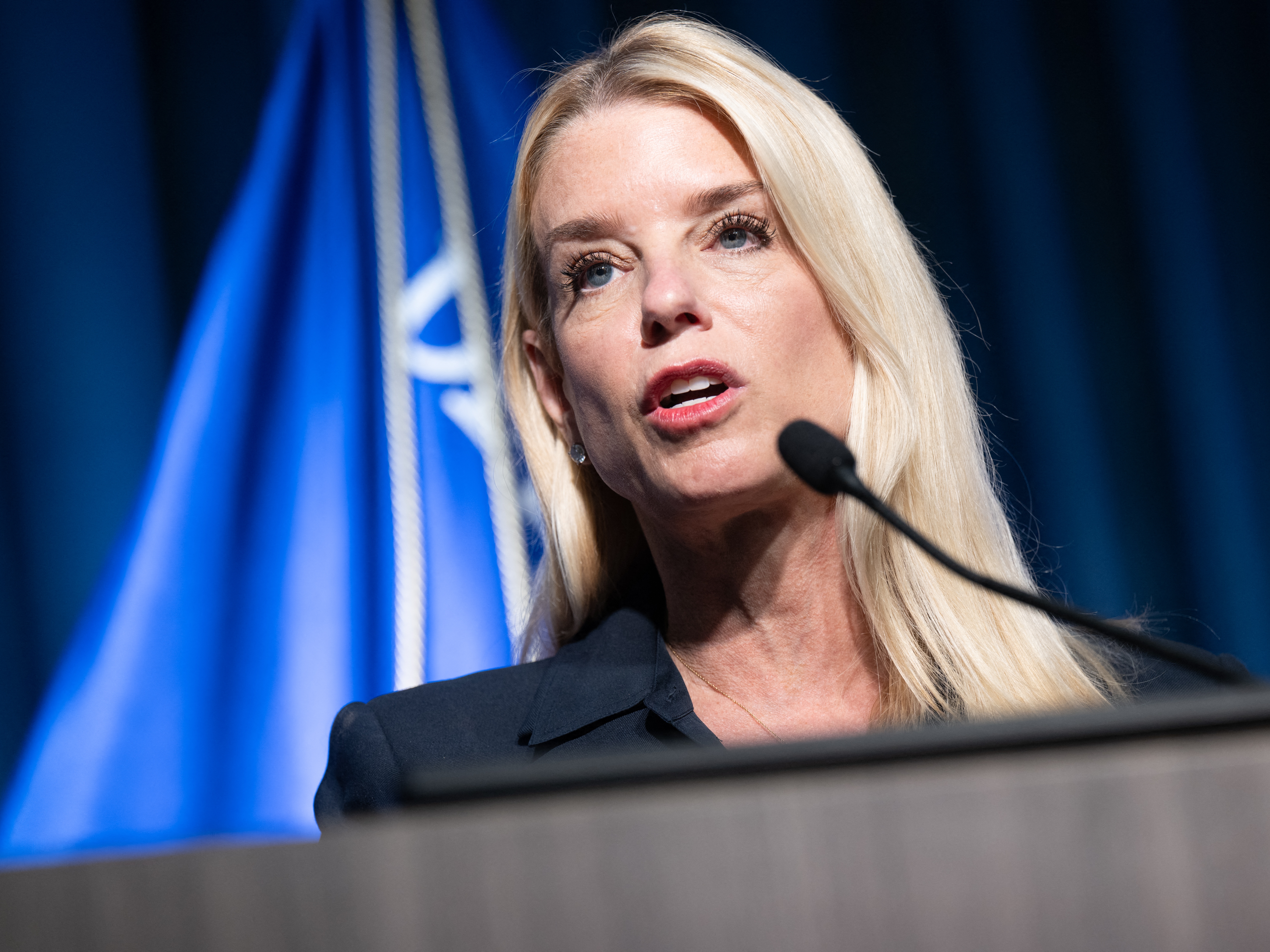 caption: US Attorney General Pam Bondi speaks about recent drug enforcement actions during a news conference at the Drug Enforcement Administration headquarters in Arlington, Va., on Tuesday.