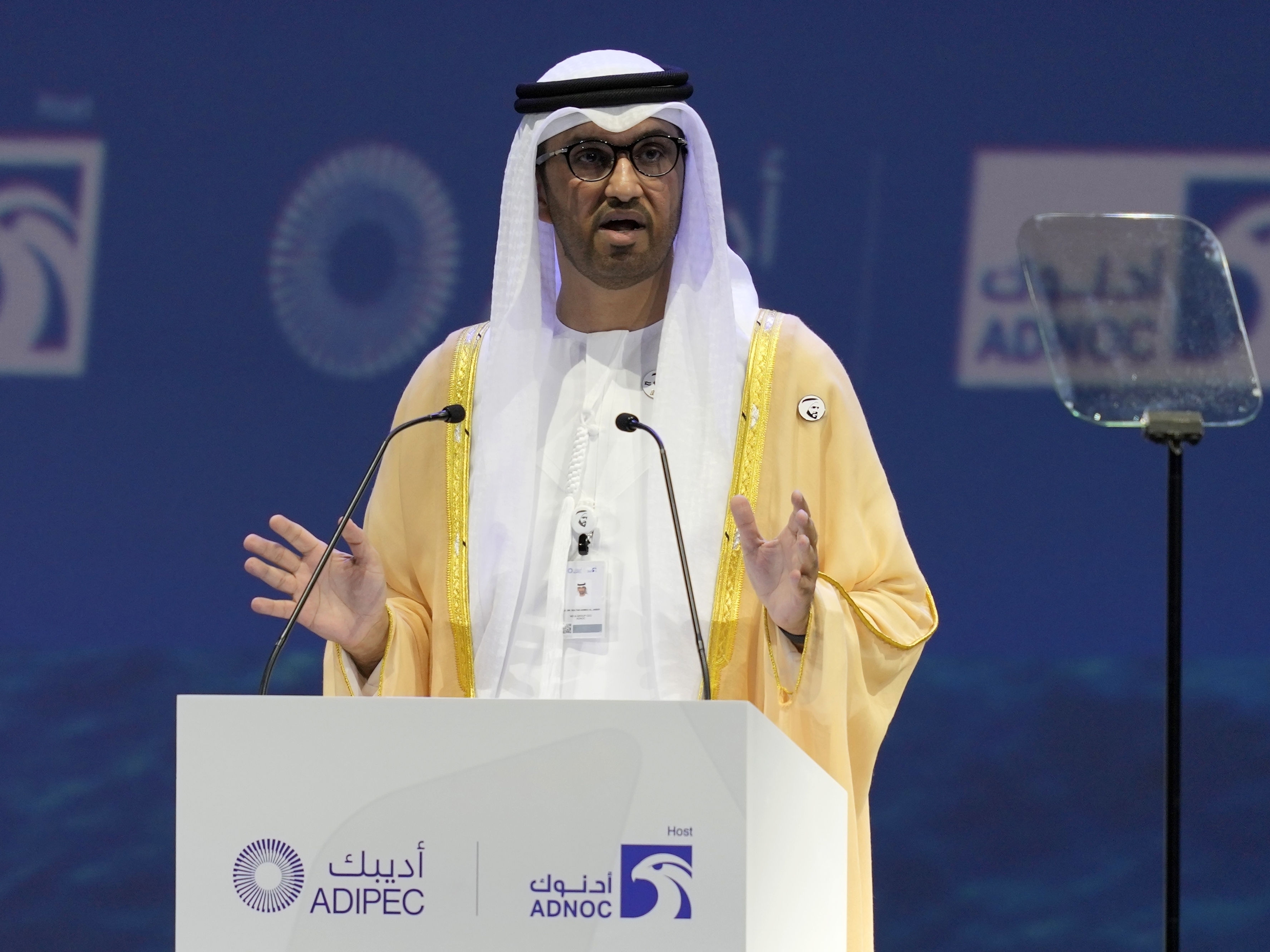 caption: The Emirati Minister of State and the CEO of Abu Dhabi's state-run Abu Dhabi National Oil Co. Sultan Ahmed al-Jaber speaks at the Abu Dhabi International Petroleum Exhibition & Conference in Abu Dhabi, United Arab Emirates, on Oct. 31, 2022.
