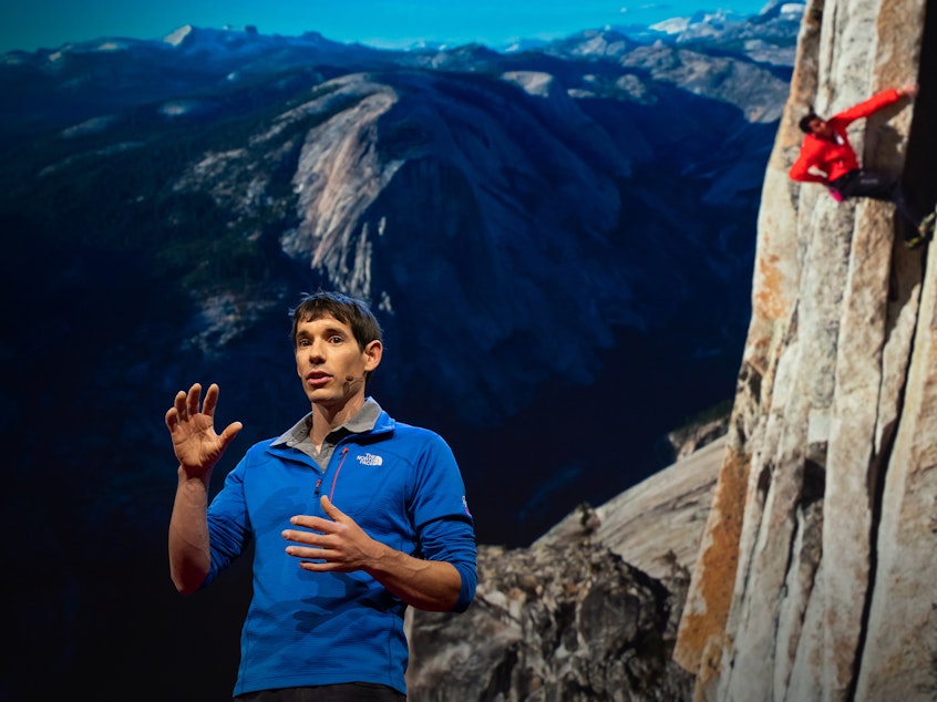 caption: Alex Honnold on the TED stage.