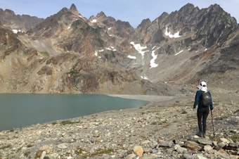 caption: A hiker looks at the unnamed lake formed by the disappearance of Anderson Glacier in Olympic National Park, Sept. 13, 2020.