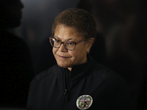 caption: Los Angeles Mayor Karen Bass waits to speak during a press conference on Jan. 24, 2023. Bass hopes to spend an unprecedented $1.3 billion towards programs to address homelessness in Los Angeles.