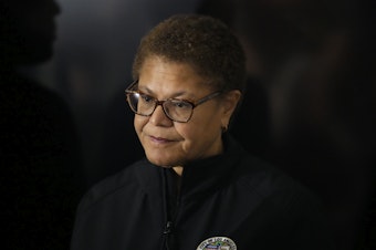 caption: Los Angeles Mayor Karen Bass waits to speak during a press conference on Jan. 24, 2023. Bass hopes to spend an unprecedented $1.3 billion towards programs to address homelessness in Los Angeles.