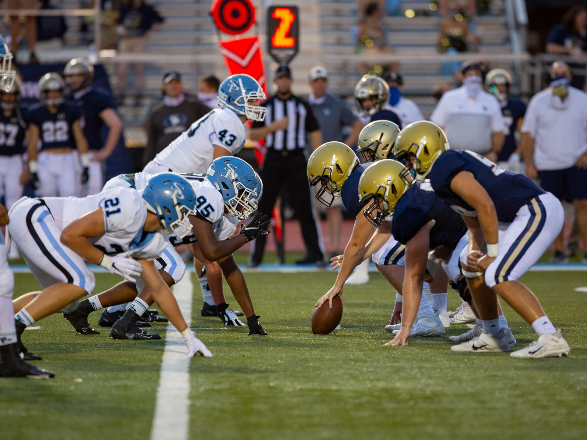 caption: The Briarwood Christian Lions and Spain Park Jaguars faced off in Hoover, Ala. on August 28. It was their second game of the season being played during the coronavirus pandemic.