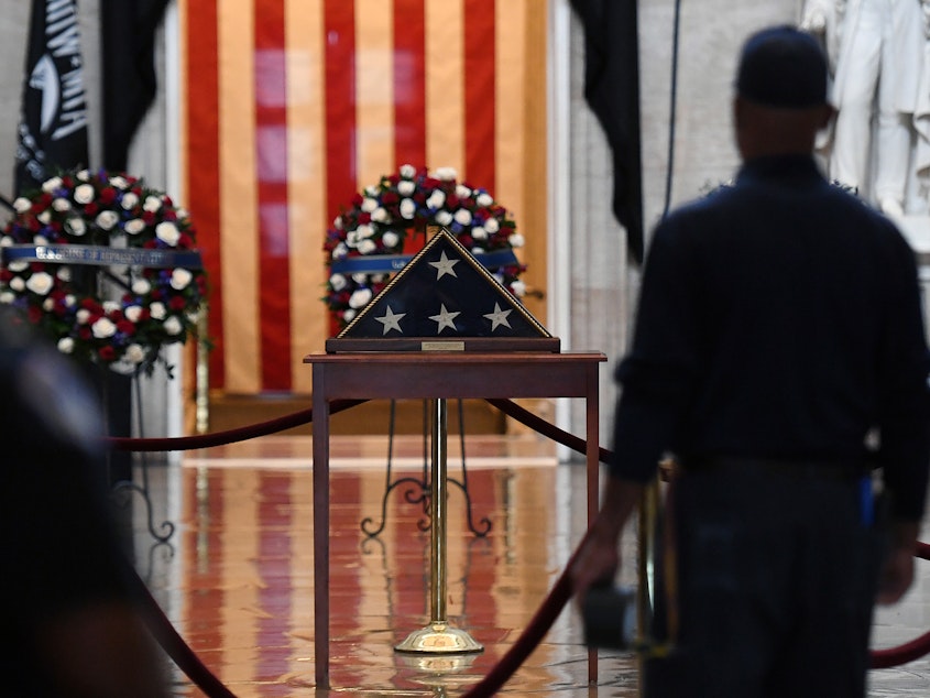 caption: A view inside the Rotunda which will hold Capitol Police officer Brian Sicknick's remains while he lays in honor after he died during the January 6, 2021 attack on the Capitol Building by a pro-Trump mob.