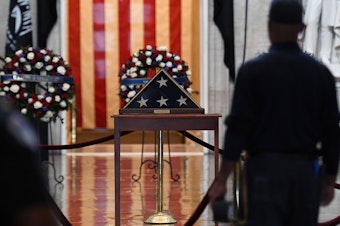 caption: A view inside the Rotunda which will hold Capitol Police officer Brian Sicknick's remains while he lays in honor after he died during the January 6, 2021 attack on the Capitol Building by a pro-Trump mob.