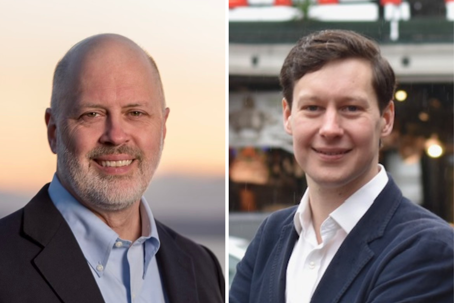 caption: Bob Kettle (left) and Andrew Lewis (right), 2023 candidates for Seattle City Council in District 7. 