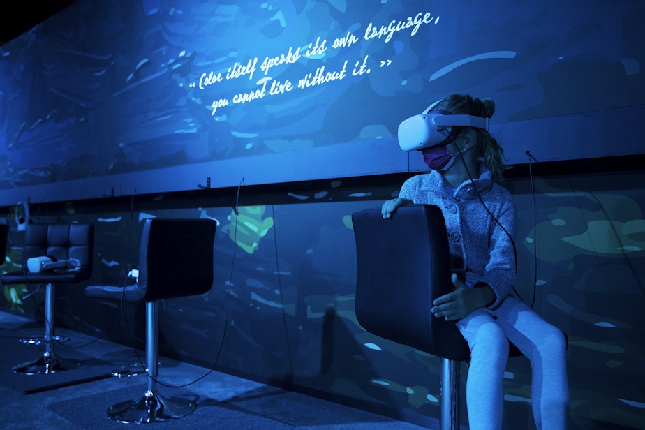 caption: Madelyn Lipe, 9, participates in a virtual reality interactive at the Van Gogh: Immersive Experience exhibit on Wednesday, October 27, 2021, along Occidental Avenue in Seattle. 