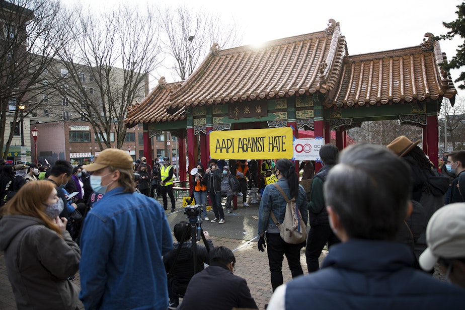 caption: Hundreds gathered for the 'We Are Not Silent' rally against anti-Asian hate and violence on Saturday, March 13, 2021, at Hing Hay Park in Seattle. Several days of actions are planned by rally organizers in the Seattle area following recent attacks and violence against Asian Americans and Pacific Islanders.