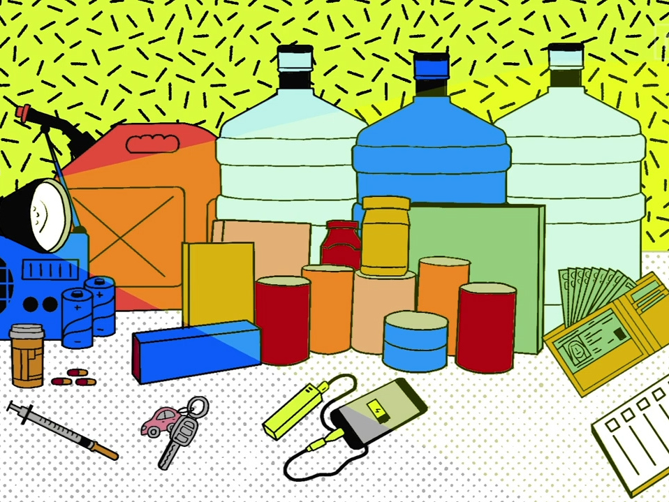 Illustration of emergency preparedness supplies like water, gasoline, canned food, money, flashlights and medicine.