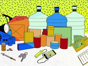Illustration of emergency preparedness supplies like water, gasoline, canned food, money, flashlights and medicine.