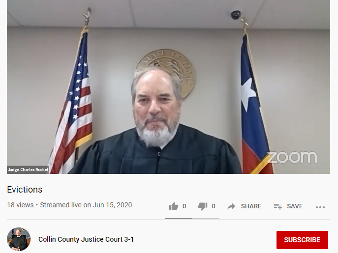 caption: At a remote eviction hearing this week in Collin County, Tex., the court granted landlords the right to evict 5 people who didn't or couldn't dial into the hearing. Judge Charles Ruckel also postponed several cases to next week because an eviction moratorium may apply.