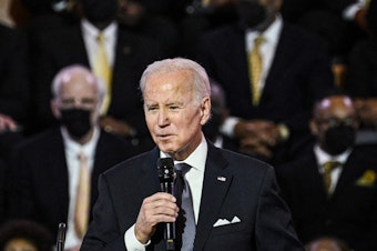 caption: Biden is the first sitting president to deliver a Sunday sermon at the Ebenezer Baptist Church in Atlanta.