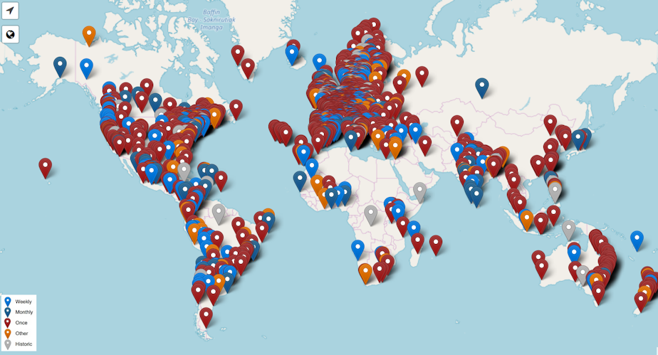 caption: A map of climate strikes planned by youth around the world for Friday, Mar. 15.
