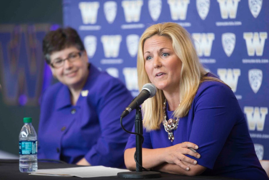 caption: Athletic Director Jennifer Cohen says the University of Washington is thrilled to form the partnership with adidas. Cohen is pictured here with UW president Ana Mari Cauce in 2016.