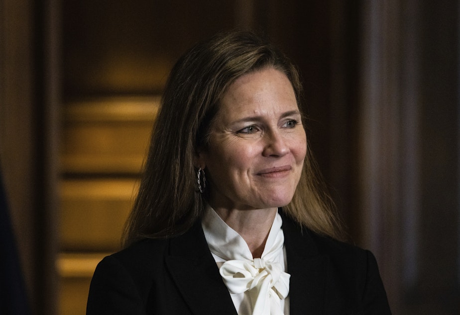 caption: Judge Amy Coney Barrett, President Donald Trump's nominee for the U.S. Supreme Court, meets with Sen. Deb Fischer, R-Neb., on Capitol Hill ahead of her confirmation hearings.
