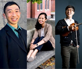 caption: From left to right, KUOW's On Asian America panelists: University of Washington professor Douglas Ishii, Eastern Oregon University professor Tabitha Espina, musician Joe Kye. 
